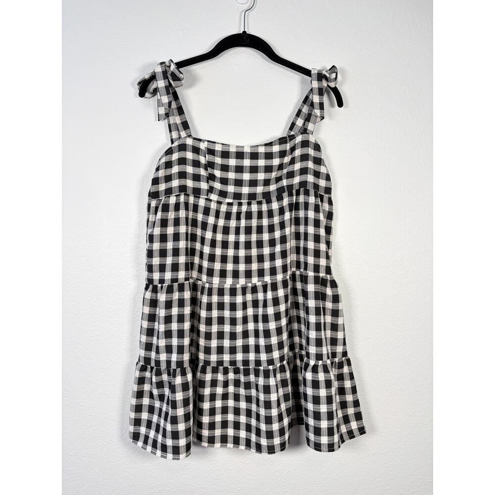 Princess Polly Black Gingham Plaid Bow Tie Shoulder Tiered Babydoll Mini Dress